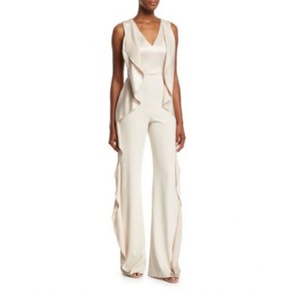 Alice + Olivia Pants - Alice + Olivia Cream Sarandon Satin Ruffle Wide Leg Jumpsuit Size 2